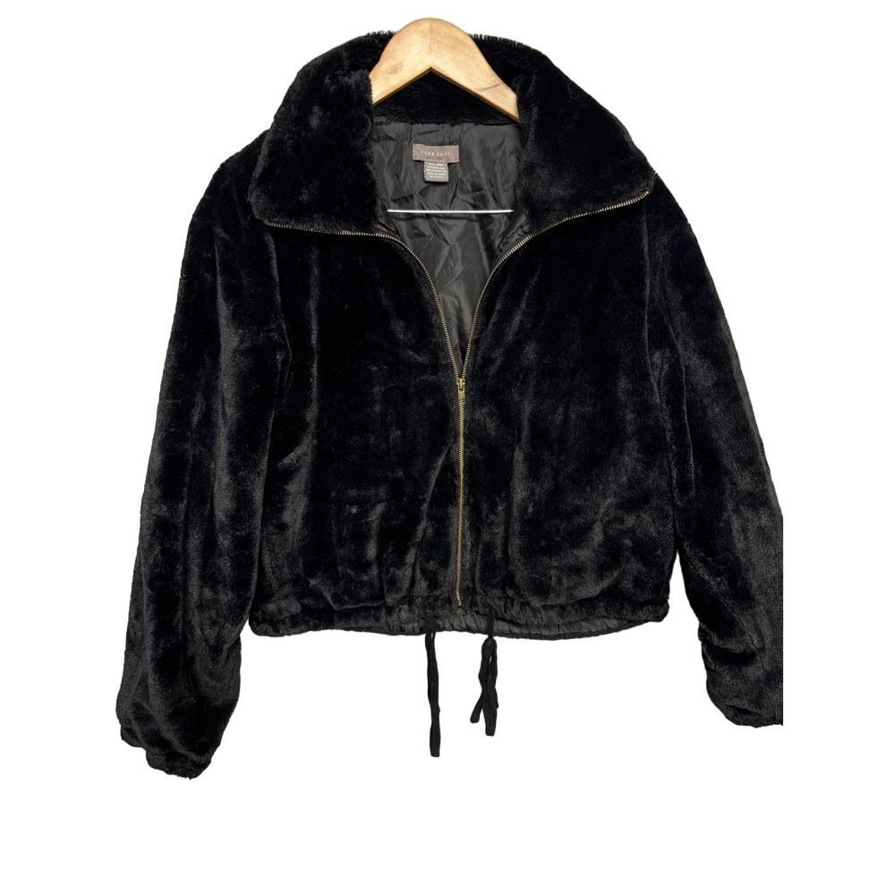 Sans Souci Black Faux Fur High Collar Zip Cinch Hem Cropped Waist Jacket medium